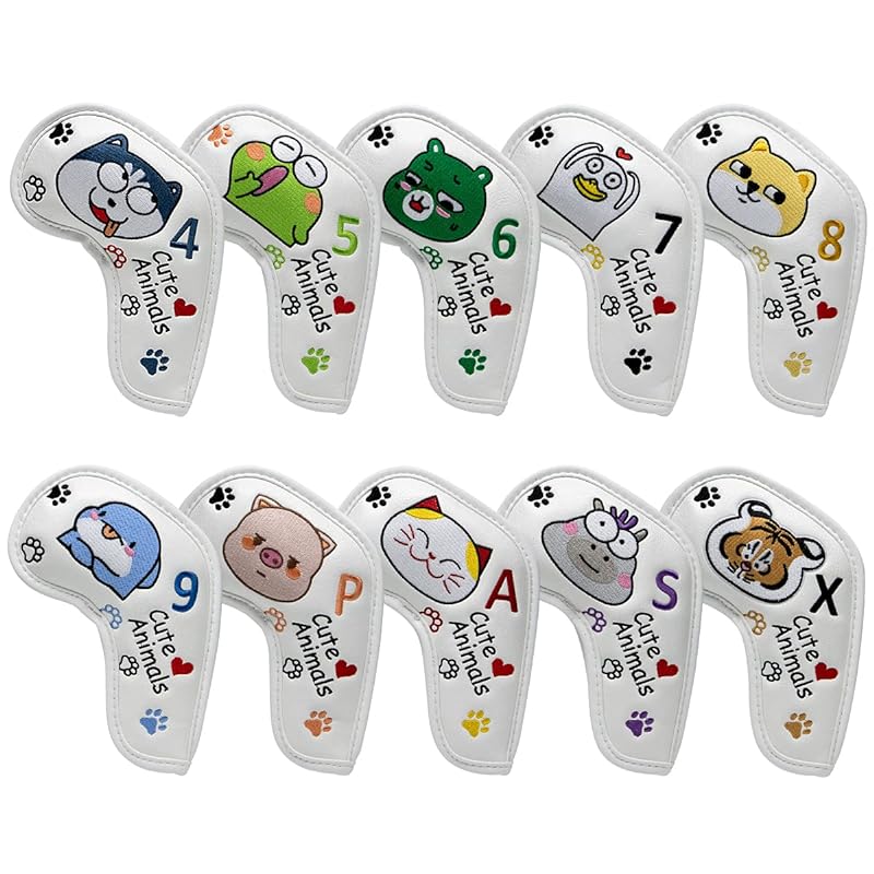 ゴルフアイアンカバー 10枚セット,キュートアニマル ゴルフヘッドカバー アイアン用 ゴルフアイアン用ヘッドカバー ロングネックタイプ,カラフル動物 ゴルフカバー アイアン用 PUレザー製アイアンカバ