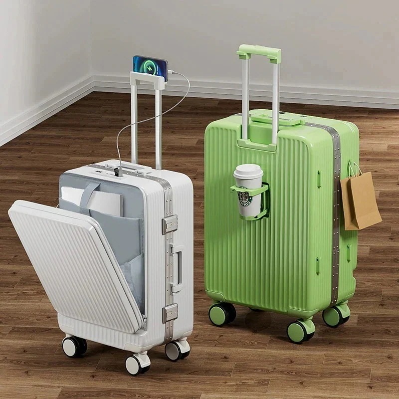 スーツケース USBポート付き 前開き 超軽量 多機能スーツケース フロントオープン 機内持ち込み カップホルダー付き 大容量 超低価 キャリーケース 充電口 SサイズMサイズLサイズキャリーバッグバ