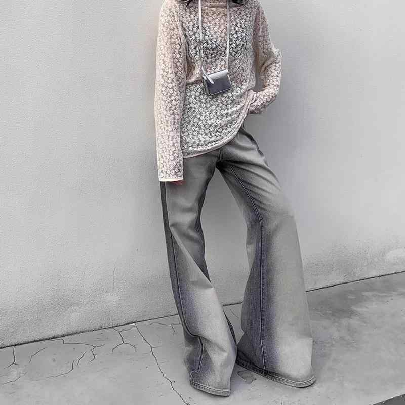 デニムパンツ レディース ボトムス ジーンズ アメリカン レトロ ウォッシュド ワイド 秋 ファッション グレー