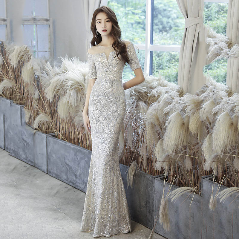 イブニングドレス マーメイドドレス シルバー 発表会ドレス キラキラドレス スパンコール 銀色 ロングドレス 結婚式ドレス 二次会ドレス マーメイドライン タイトドレス オシャレ パーティードレス 大