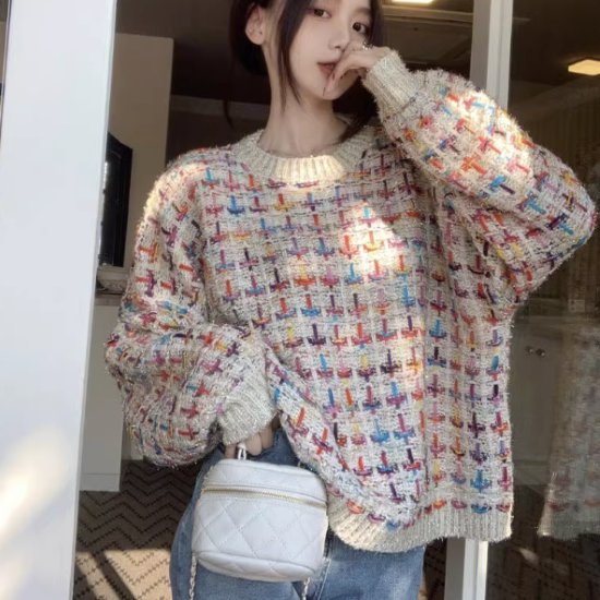 ニットセーター レディース トップス 長袖 ニット セーター ラウンドネック プルオーバー カラフル 秋冬 カジュアル お出かけ おしゃれ ファッション 女性 ウール ルーズシルエット