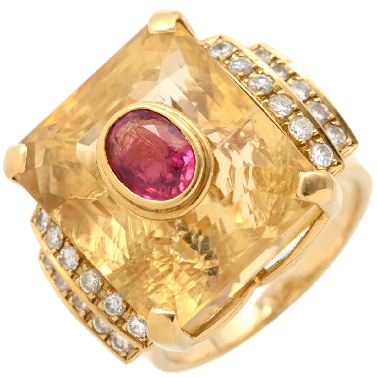 リング 指輪 トルマリン シトリン ダイヤリング K18YG トルマリン シトリン イエローゴールド 赤 黄 スクエア 20号【中古】 206,000円