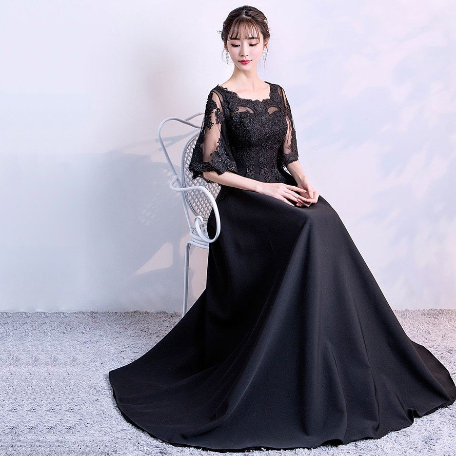 カラードレス 黒 格安 イブニングドレス 長袖 ロング パーティードレス 演奏会 花嫁 フォーマルド