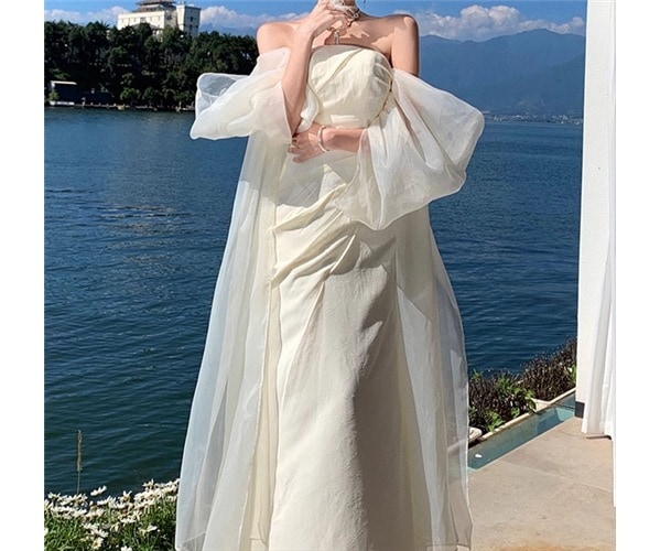 レディース ドレス イブニングドレス ウエディングドレス ウェディング パーティー 結婚式 二次会 ロング マキシ 袖なし ノースリーブ オフショル プリンセスライン スリム 細身 ハイウエスト