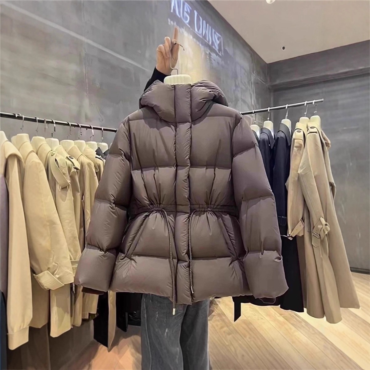 韓国風フード付きダウンジャケット女性用ミドル丈2025巾着ウエスト肥厚気質パンダウンジャケット