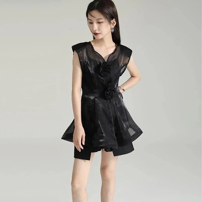 【J.Fashion】 シアーシャツ ローズ型ボタン 夏 袖なし シャツ 着痩せ キャミソール付き ブラウス 日焼け止め レディース ノースリーブ おしゃれ 上質 関連商品は店で購入可能 メガ割30%