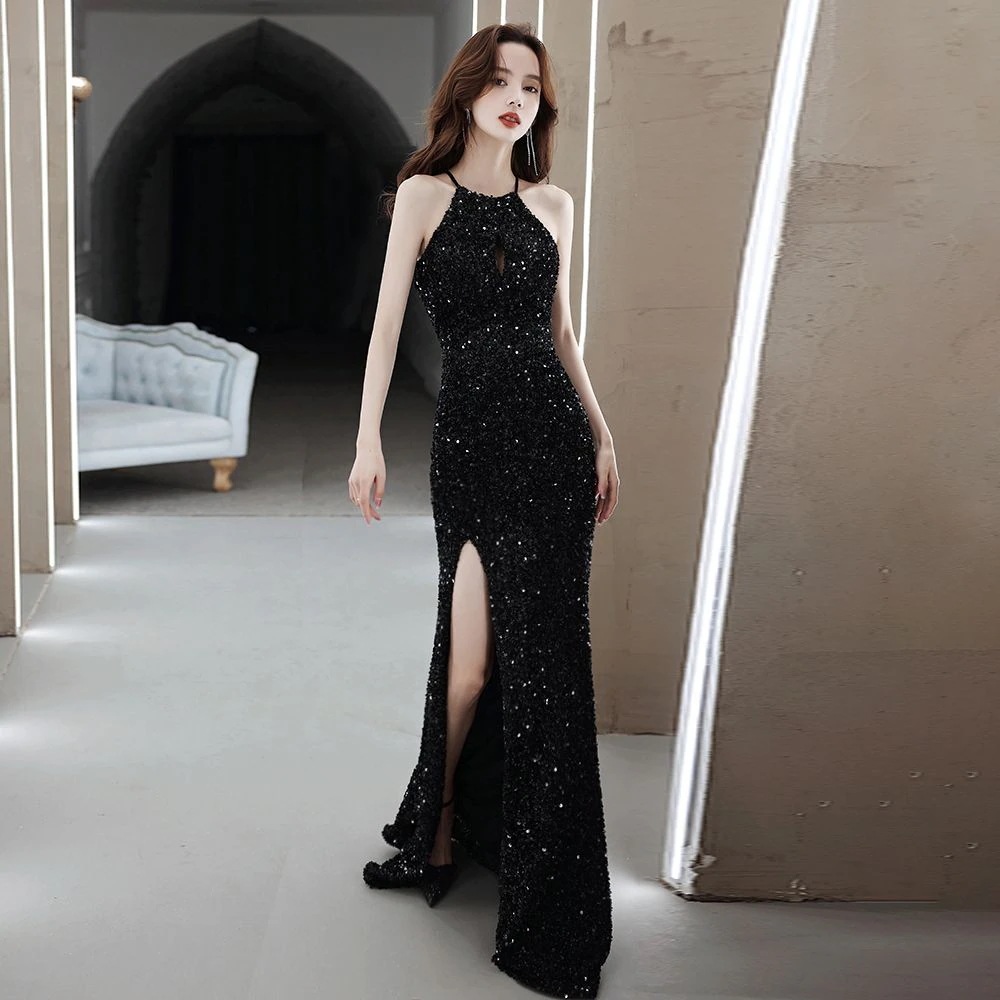 ハングネックイブニングドレスレディース宴会気質ブラックテールセクシードレス