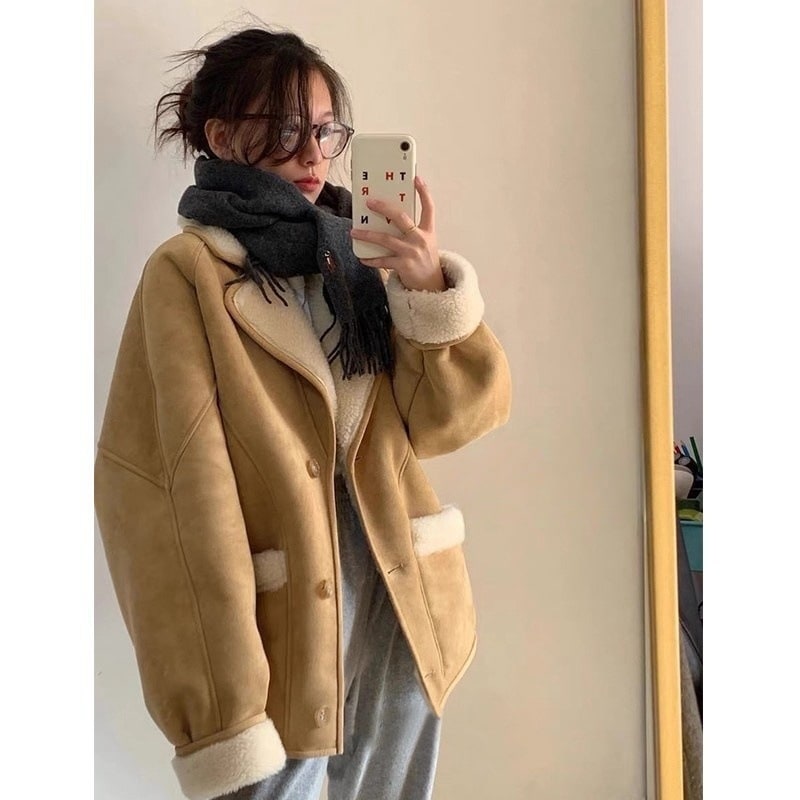 韓国東大門カジュアルルーズスエードジャケット2024冬ラムウールファーワン厚手コート