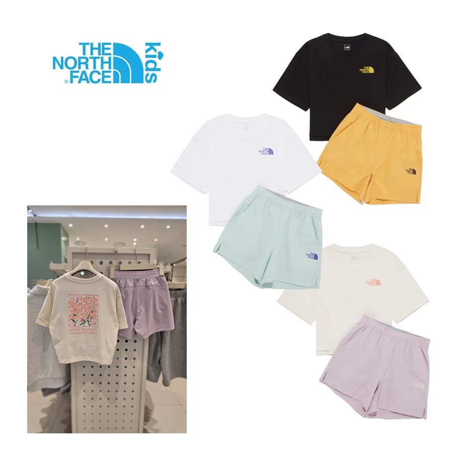NT7UR22 GS FLORAL CREW SET キッズ 上下 半袖 Tシャツ トレーニングパンツ ひざ上 男の子 五分丈 女の子 小学生 クルーネック 丸襟 ハーフパンツ ショートパンクロップド