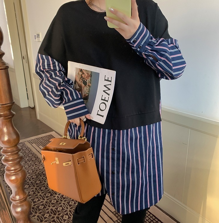 ストライプシャツワンピース ラウンドネックトップス ロング丈トップス カジュアルワンピース トップス スカート ワンピース Tシャツ シャツ プルオーバー オールインワン ロング ロング丈 袖あり