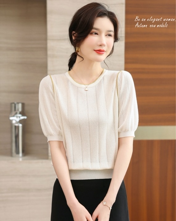 トップス ニットソー カットソー プルオーバー 袖あり 5分袖 パフスリーブ ラウンドネック レース 薄手 かわいい 可愛い きれいめ シンプル 上品 おしゃれ お洒落 女子 こなれ感