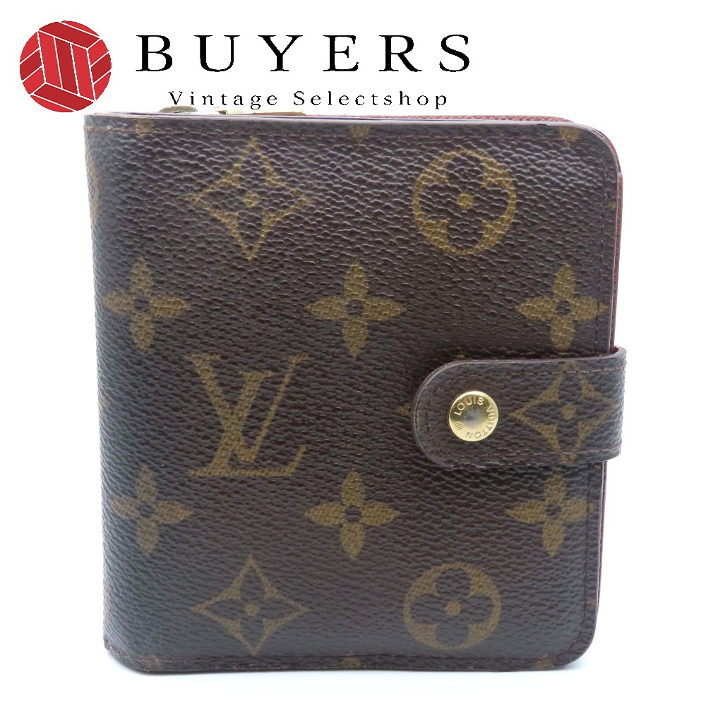 中古 二つ折り財布 コンパクトジップ M61667 モノグラム ブラウン ゴールド金具 小物 ファスナー レディース 女性