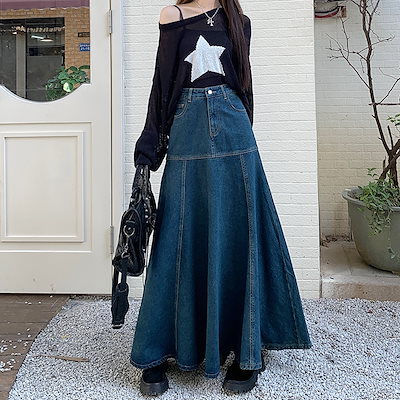 ロングスカート デニムスカート 台形 超ロング Aライン フレア ロング丈 マキシ マキシ丈 ボトムス