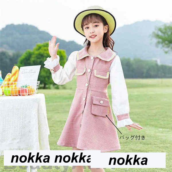 【1-3日出荷】ミディ丈ワンピース バッグ付きキッズ 子供 膝丈 シフォン 通学 ワンピース 可愛い 七五三