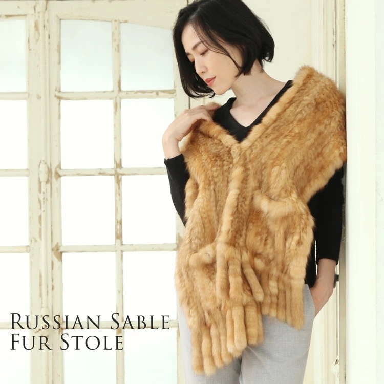 ロシアンセーブルストール編み込みフリンジポケット付きレディース毛皮マフラー大判(