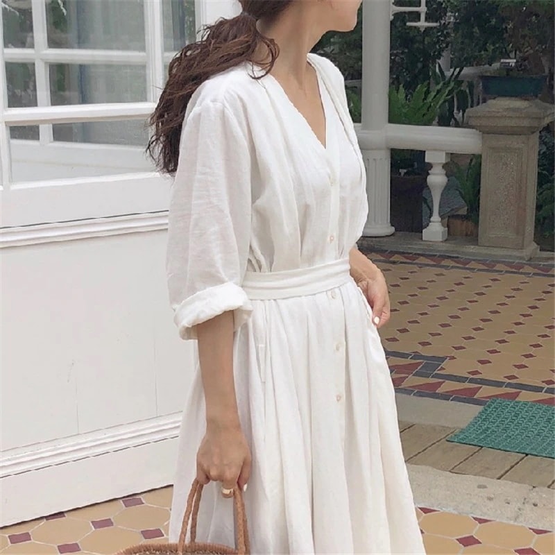 シャツワンピース ロング シャツ ワンピース マキシ丈 ロング丈 Vネック 長袖 袖あり ロールアップ フロントボタン シンプル 無地 綿 コットン 腰紐 腰ひも バックリボン ハイウエスト 5,702円