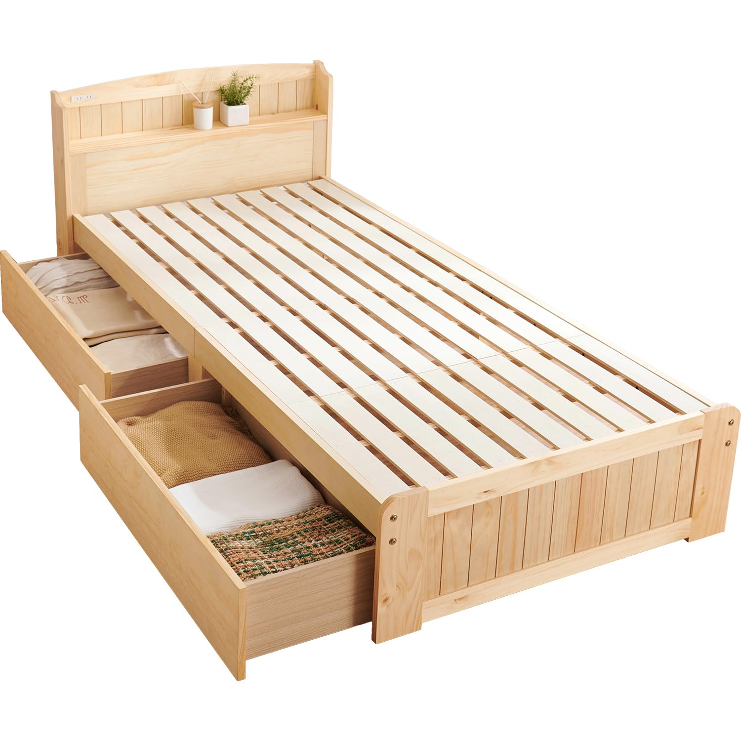 萩原 ベッド すのこベッド ベッドフレーム 収納 付き 【 大容量 引き出し 2杯 セット 】 棚 コンセント 付き シングル 幅 101 奥行 210 高さ 78 ナチュラル MB-5039S-NA