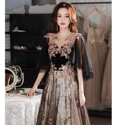 2024 新作 高級質感ドレス ドレス 衣装 ワンピース ロングワンピース イブニングドレス 二次会ドレス 演奏会ドレス ステージドレス ロング丈 5分袖 ラウンドネック ウエストマーク セミフレア