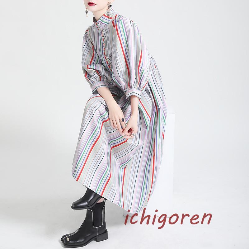大人気 上品 ワンピース マルチストライプ シャツワンピース ロング 春 夏 レディース ハイネック ロングワンピース ゆったり 七分袖 ロング丈 ゆったり