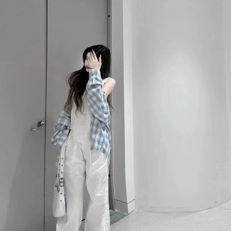 香港式 レトロ 灰青 差し色 チェック シャツ レディース 長袖 可愛い カジュアル 重ね着 塩系 アウター71