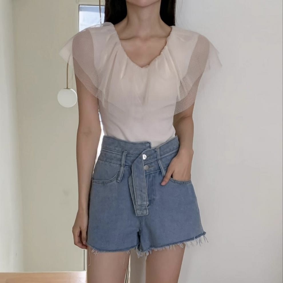 レディース トップス カットソー 袖なし ノースリーブ Vネック ケープ襟 タイト スリム 細身 フェミニン チュール シフォン フリル かわいい 大人可愛い きれいめ おしゃれ ガーリー エレガント