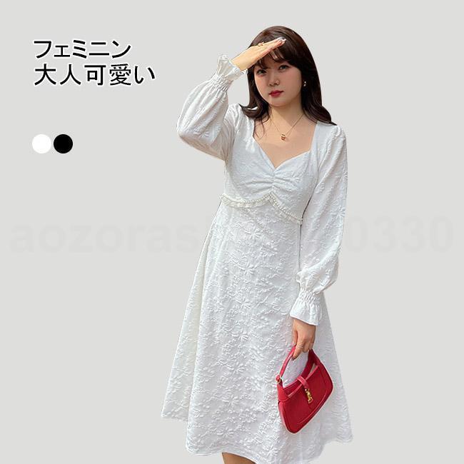 (XRELEX)!!ワンピース ロング丈 マキシ丈 長袖 大きいサイズ Vネック パール レースフリル Aライン フレア袖口 裏地 着やせ ソフト シンプル 無地 快適 着回し