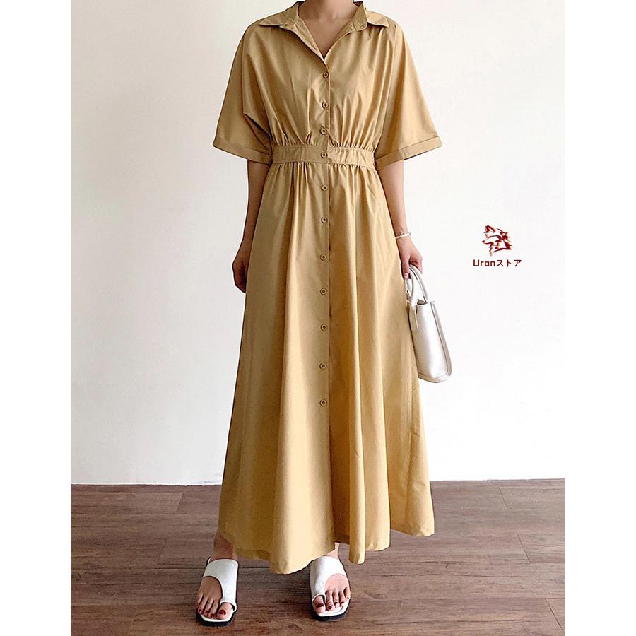 シャツワンピース レディース 半袖 ロング シャツワンピ ワンピース 綿 コットン ミモレ丈 ロングワンピース 無地 大きいサイズ チュニック 上品 ゆったり 着痩