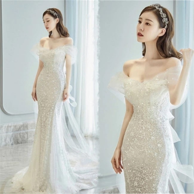 【最新設計】ロング ウェディングドレス 花嫁 結婚式 披露宴 フォマール ドレス シンプル マーメイド ウエディング ドレス オフショルダー チュール 可愛い ブライド ドレス 発表会 演奏会 ド