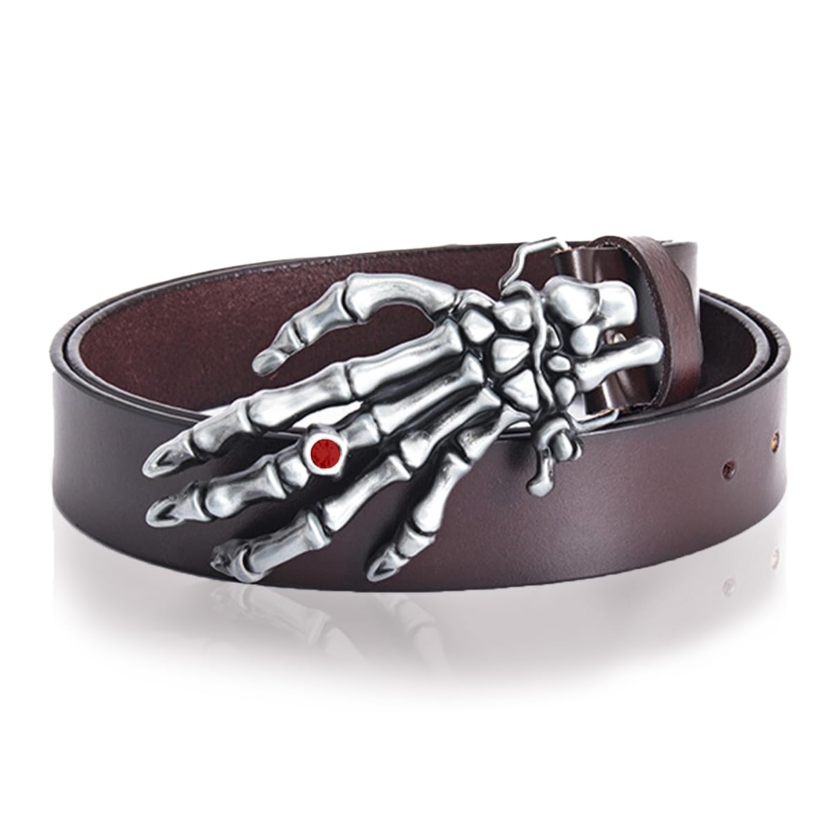 [Laquest] でかスカルハンド バックル レザー ベルト メンズ ドクロ メタルバックル パンク ロック バイカー (2.ブラウン)