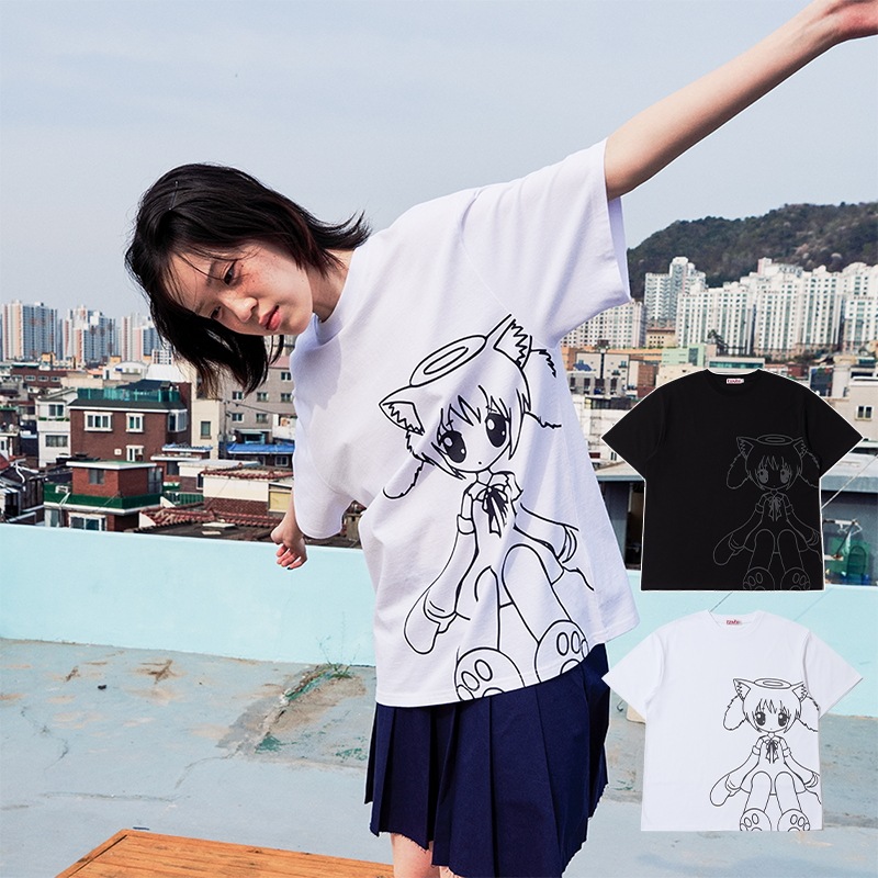 CAT GIRL T SHIRT - WHITE, BLACK