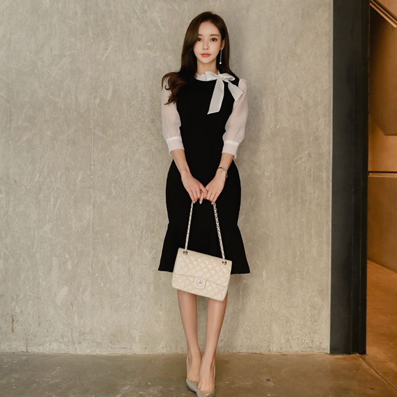 ボウタイワンピース ワンピース ワンピドレス 膝丈 ひざ丈 袖あり 7分袖 七分袖 ハイネック スリム タイト 細身 Iライン シフォン リボン ハイウエスト かわいい 大人可愛い きれいめ シンプル