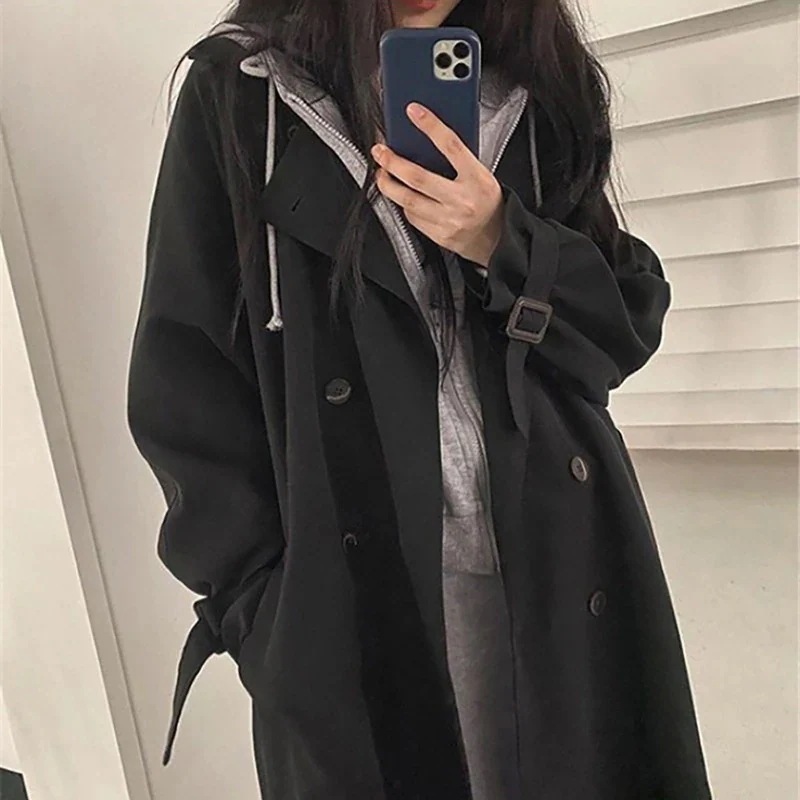 アウタートレンチコート春トレンチコートアウター レディース レディース黒いパーカーの女新型春秋韓国版ミディアム小柄な気質のスーツコートコート着セットアップ