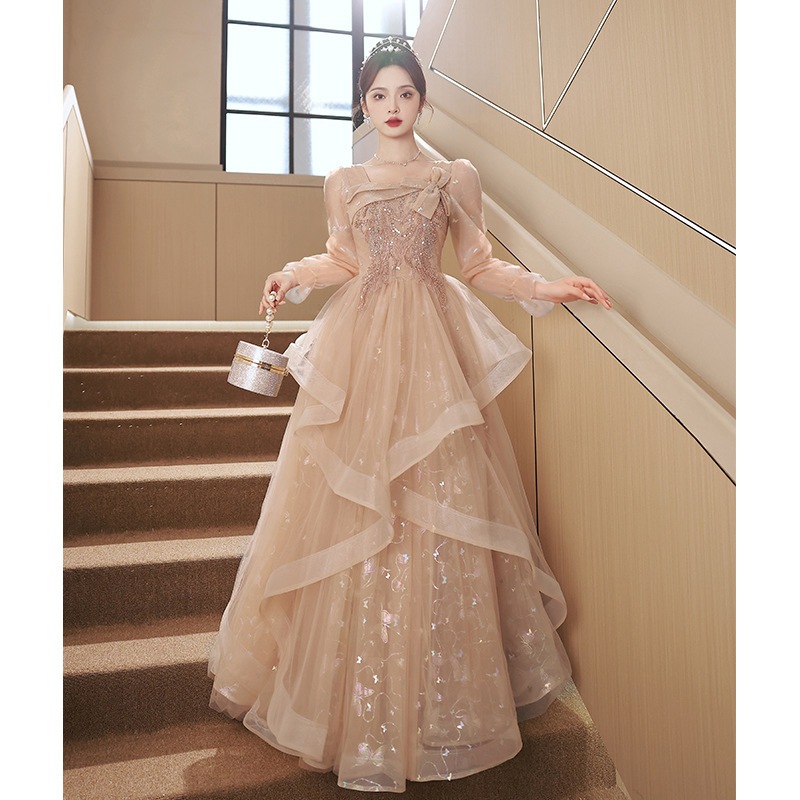 宴会芸術試験の女性用イブニングドレス春ホスト秋冬長袖ガーゼスカート