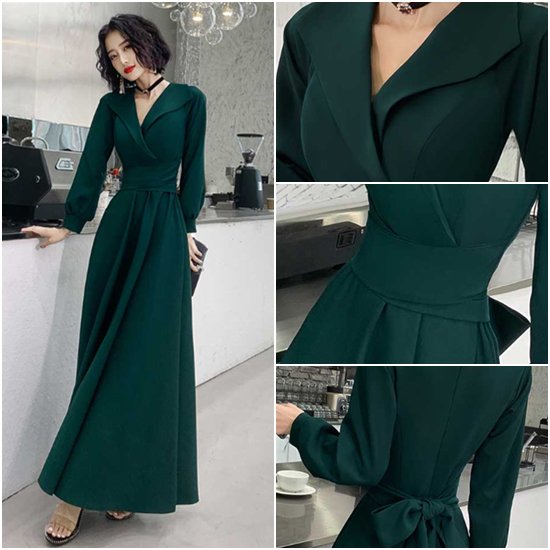 【取寄：納期2週間】演奏会ドレス ロングドレス 大きいサイズ 2XL3XL Aラインスカート Vネック ９袖丈