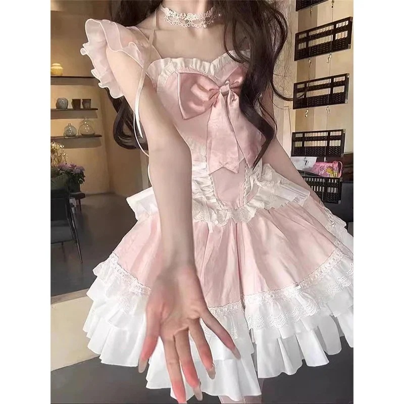 サマースイートハートロリータドレススイートリボンパッチワークウエストフライングスリーブサスペンダードレス