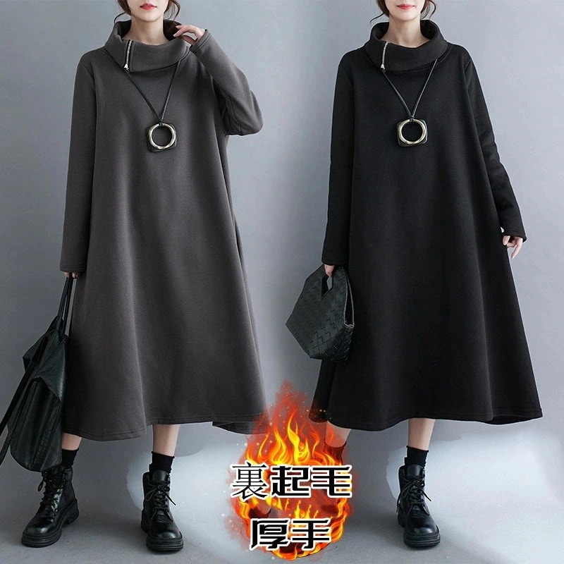 秋冬 新作 おしゃれ シンプル ワンピース 裏起毛 厚手 ロングワンピース 長袖 ワンピース 大きめサイズ Tシャツワンピース 保温