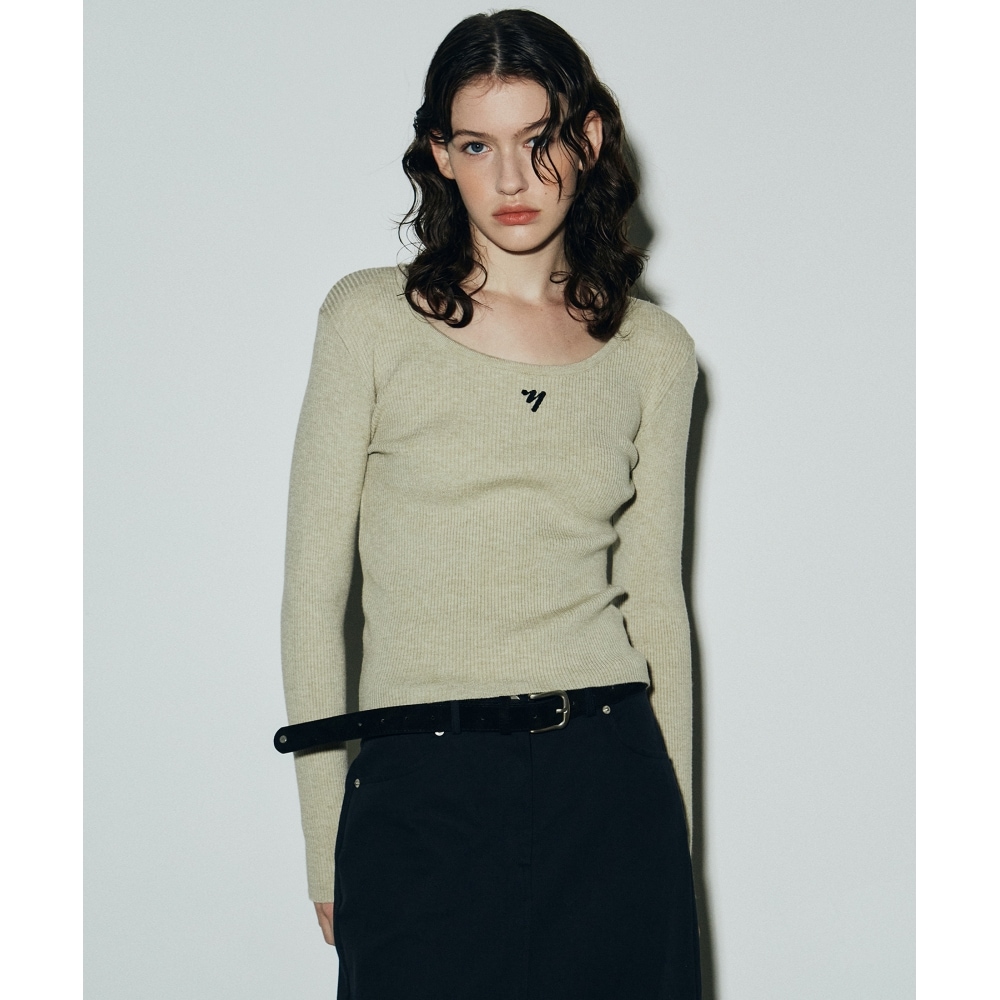 ニック&ニコールラウンドネックリブニット_オートミール