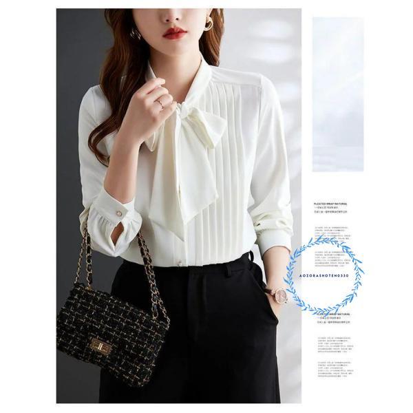 ボウタイブラウス レディース シャツ トップス リボンタイブラウス 長袖 切替 フロントタック ギャザー シャツ ブラウス 無地 オフィスカジュアル 春 夏 秋 大人