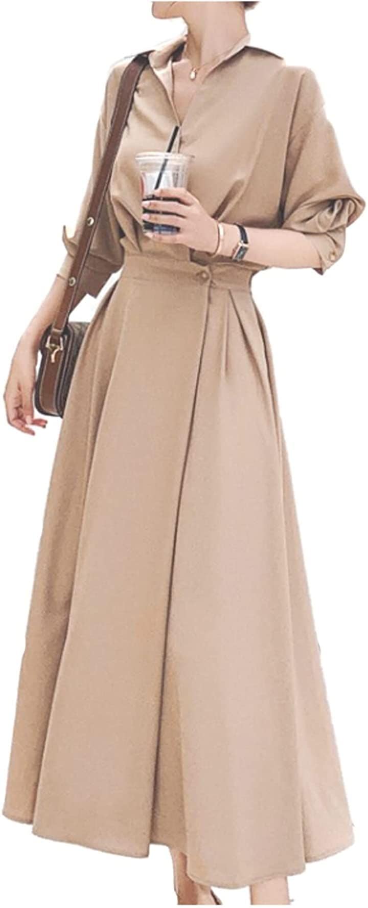 ロングフレアワンピース 襟付き きれいめ 長袖 レディース(ブラウン, L)