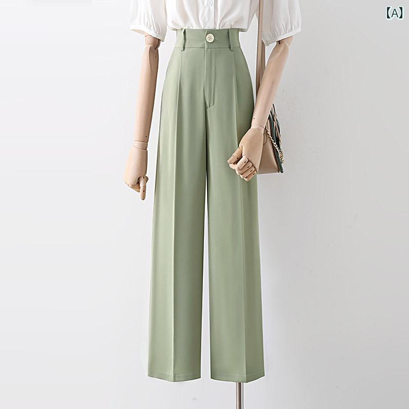レディース ロングパンツ 九分丈 アンクル丈 薄手 長ズボン ボトムス ハイウエスト 春夏秋 薄緑 黒 ワイドレッグ ストレート スタイリッシュ モダン 涼感 通気性 脚長効果 シンプル