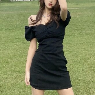 ワンピース 半袖 春夏 きれいめ ワンピドレス ミニ ミニ丈 ショート ショート丈 膝丈 ひざ丈 膝上 ぽわん袖 ボリューム袖 袖コンシャス オフショルダー 襟なし スリム タイト バックシャン バッ