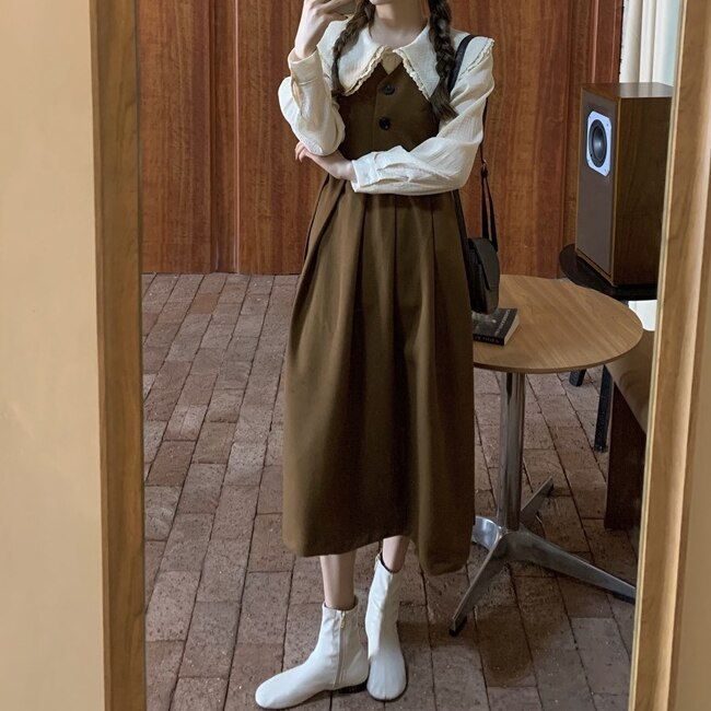 2色 ワンピース ノースリーブ 秋冬 かわいい Aライン 膝下 ミディアム丈 ミドル丈 Vネック 襟なし ストレート Aライン ハイウエスト 黒 ブラック 茶色 ブラウン 大人カラー 秋カラー S M
