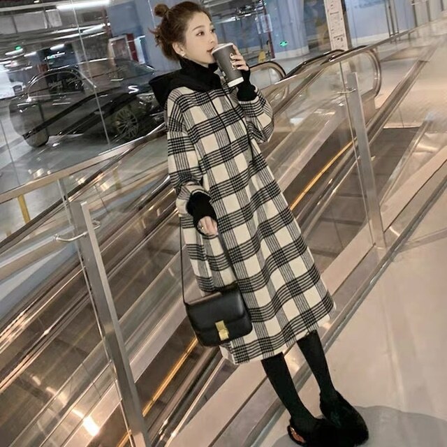 【送料無料】マタニティ ワンピース ミディ丈 チェック フード付き パフスリーブ レディース