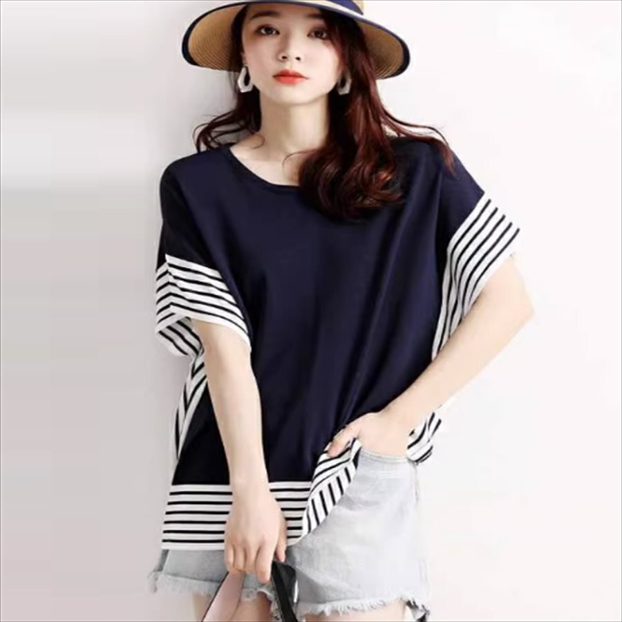 トップス 2色 Tシャツ ロング丈 半袖 ドルマンスリーブ ラウンドネック Aライン フレア プルオーバー バイカラー 薄手生地 かわいい 大人可愛い 大人女子 こなれ感 シンプル