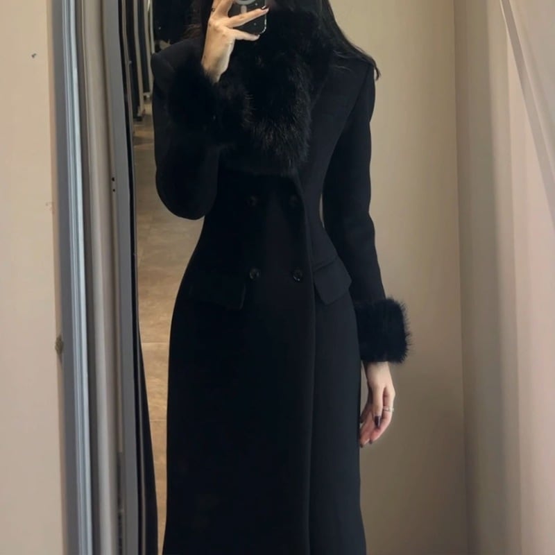 アウターファー毛皮アウター新留洋お嬢様C位黒化令嬢砂時計ウエストリバーシブルロングウールコート
