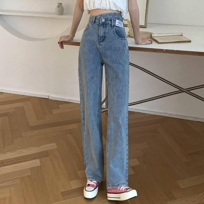 2color レディース ボトムス パンツ デニム ストレッチデニム ワイドパンツ ストレートパンツ ワイドレッグ ハイウエスト ヴィンテージブルー ライトブルー 変形 クロス 個性的 ストリート ボ