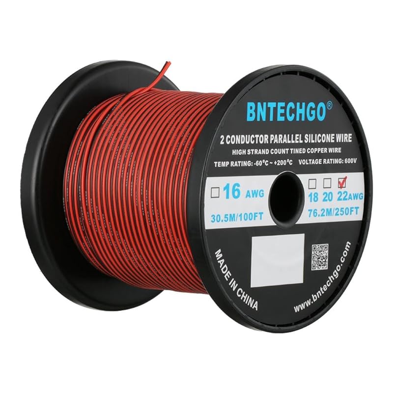 BNTECHGO 22ゲージパラレルのシリコーンワイヤー 22AWG 並行 シリコーン細線 超柔軟性 フレキシブル 分離できる シリコーンケーブル線 長持ち レッドとブラック 長さ延べ76.19メート