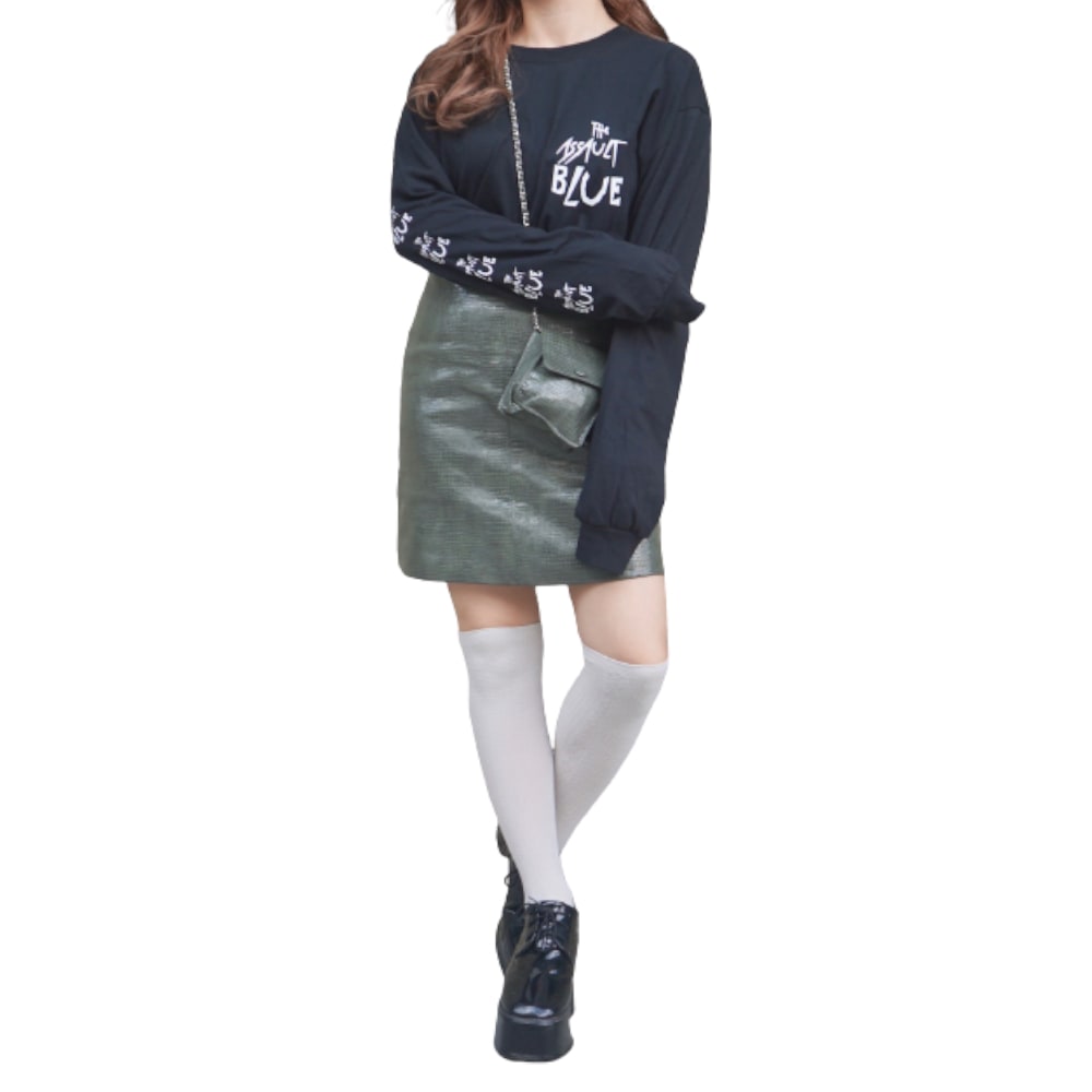 Scratch Logo Sleeve Big L/S TEE (black) -ASSAULT BLUE- A,D,G レディース トップス