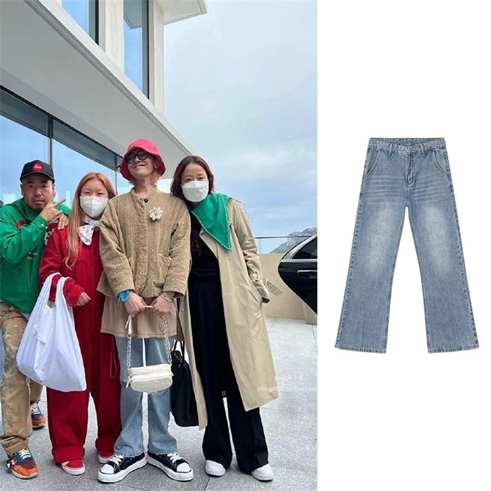 G-DRAGON（ジードラゴン）着用風 デニムパンツ メンズ 日系ヴィンテージ風 高見え ウォッシュブルー セミフレア ジーンズ