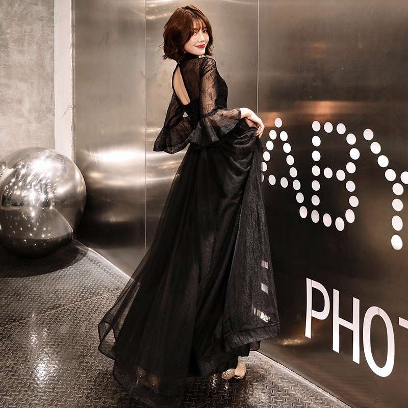 フォーマルな行事 コンサート 卒業式 新しい宴会パーティーテンペラーロングパーティードレスパーティーホスト黒イブニングドレス女性の夏